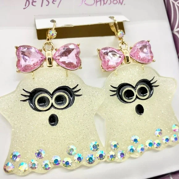Betsey Johnson Large Glitter Ghost w/ Pink Crystal Bow Earrings NEW Halloween - Picture 2 of 2